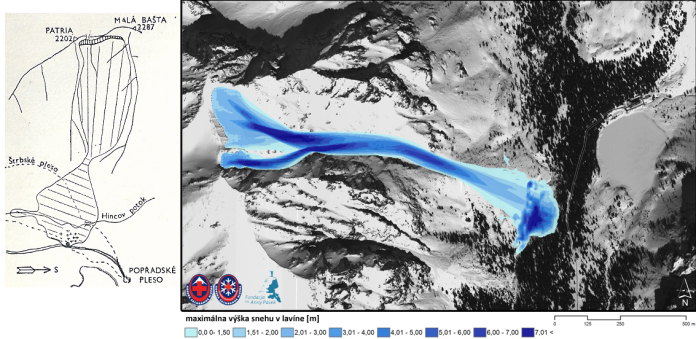 Pôvodný nákres lavíny z oficiálnej správy o tragédii / rekonštrukcia lavínovej dráhy pomocou moderných geoinformačných nástrojov