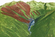 Nános lavíny a schematicky znázornené lavínové dráhy